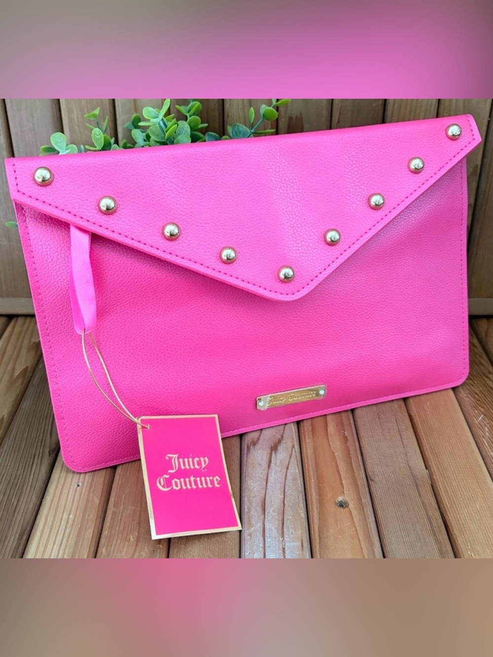 Juicy Couture Hot Pink Studded Envelope Clutch with Gold Studs, NWT